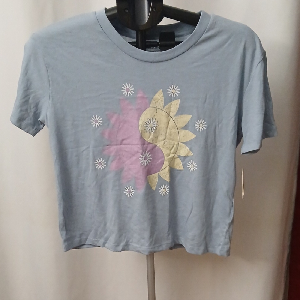 Rebellious One  Distress Blue Crop Top with Sun and Moon Design